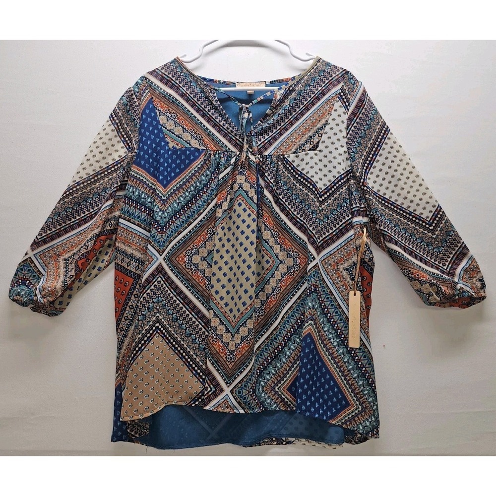 Gibson Latimer Blouse Womens L Geometric Tie Neck Peasant Boho Flowy Artsy Funky